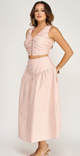 Load image into Gallery viewer, Sleeveless Ruched Crop Top with Buttoned Midi Skirt Set
